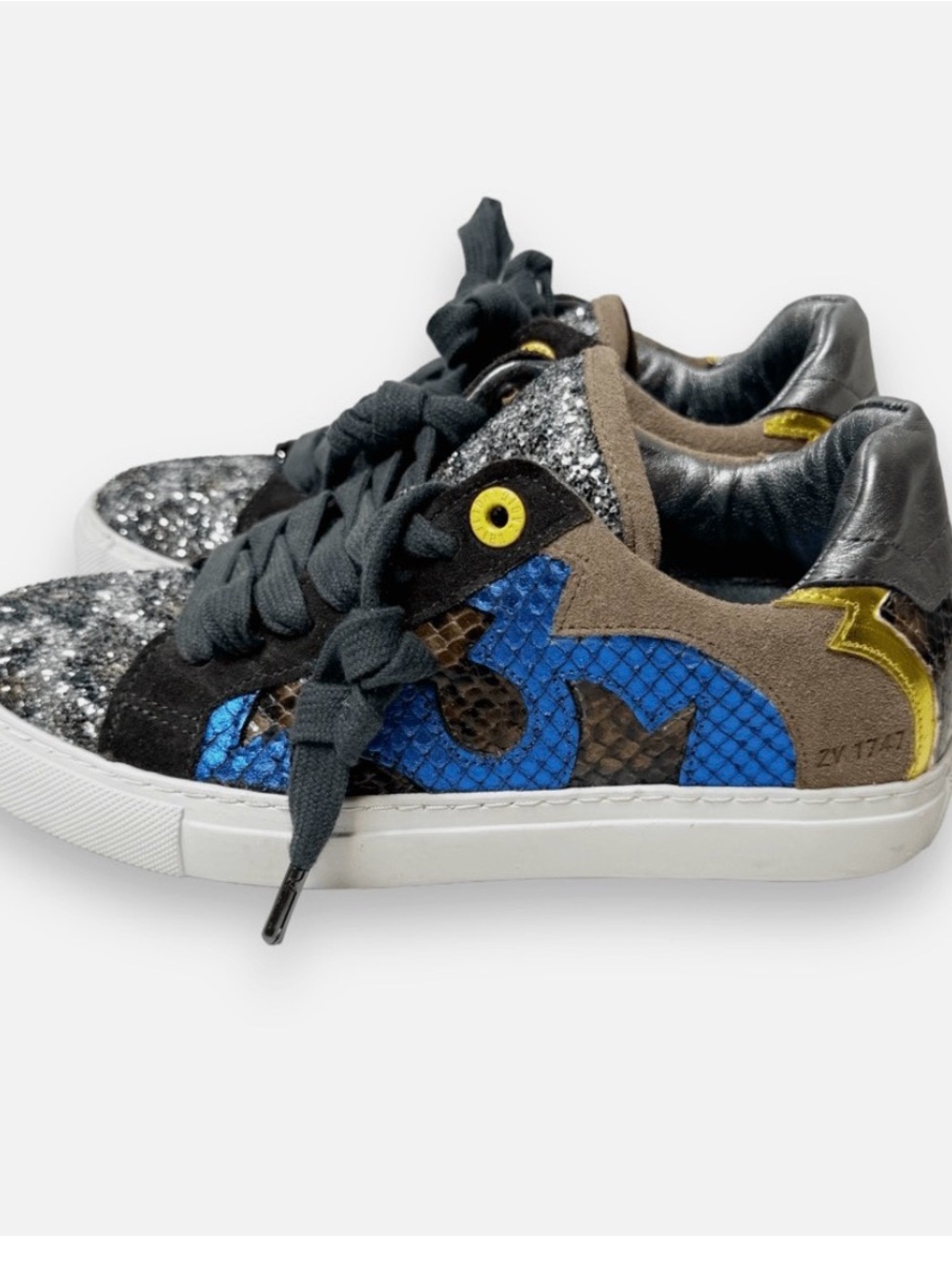Zadig & Voltaire Kids Silver Glitter Sneakers with Blue & Yellow Accents